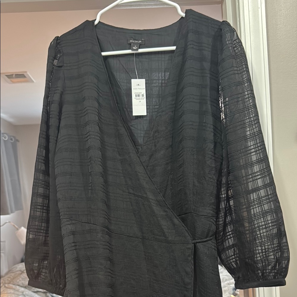 NWT Ann Taylor Black Wrap Dress with Puff Sleeves